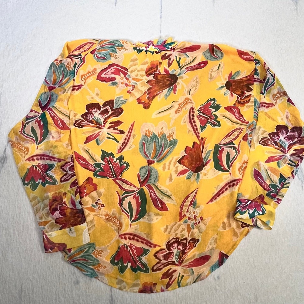 Pilcro Anthropologie Yellow Floral Blouse XL Sheer Button Front Long Sleeve - Picture 8 of 11